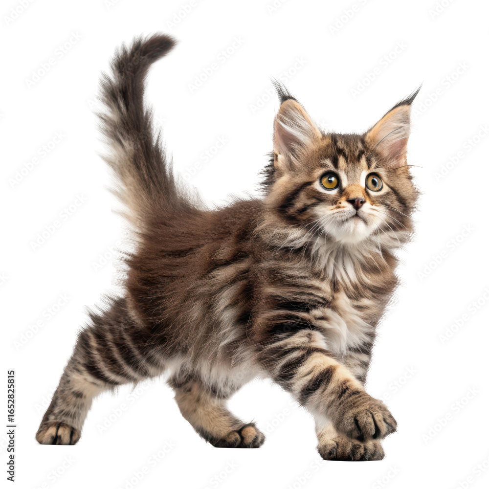 Obraz premium Adorable fluffy maine coon kitten with striking tabby markings walking confidently isolated on transparent background