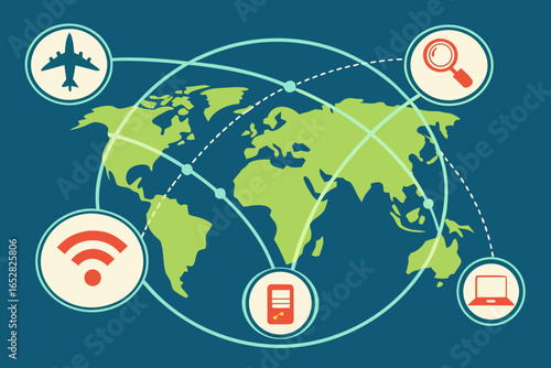 Vector illustration of global communication, connected world map, satellites, internet network icons, digital connectivity, modern tech networking design.