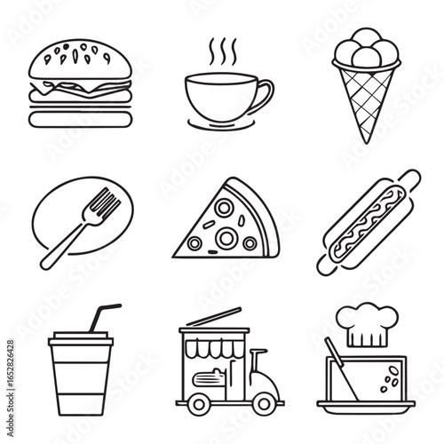 Fast food icons vector illustration set of colorful cartoon sandwiches, burgers, pizzas, and desserts