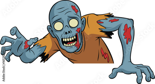 Vectorizer creepy zombie cartoon character with decayed skin, missing teeth, tattered shirt, blue skin, scary Halloween horror undead illustration