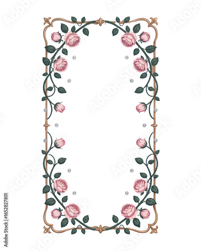 Elegant floral border frame decorated with pink roses and delicate vines. floral frame for your design, frame with flowers