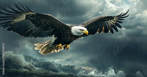 Majestic eagle soaring through a stormy sky.