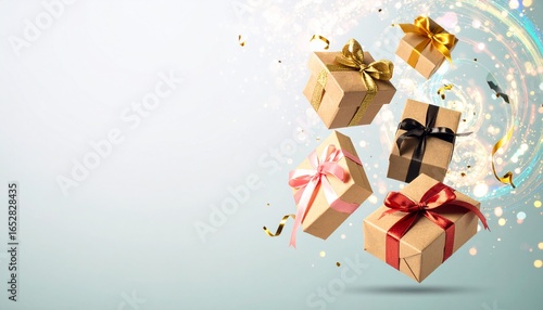 Floating gift boxes with ribbons and confetti