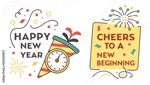Happy new year celebration vector illustration with clock and cheers to a new beginning design concept