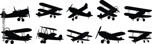 Vintage airplane silhouettes, retro biplanes, old aircraft collection, propeller planes, aviation history, black vector art, flying machines, flight, travel, transportation, classic aircraft.