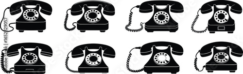 Vintage rotary phone silhouettes, classic old-fashioned telephones, retro communication device, black and white vector set, handset and dial designs.