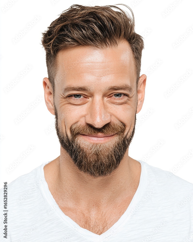 Fototapeta premium A handsome man with a beard, short hair cut, and a side-parted hairstyle is smiling and looking at the camera, isolated on a white background.