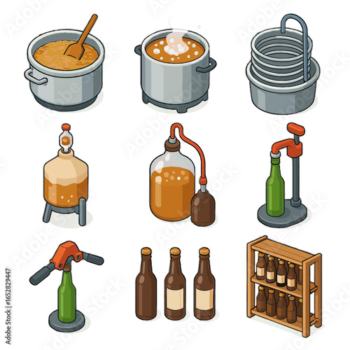 Process capping icons labeling brewing grain shelf icon storage vector wort boiling