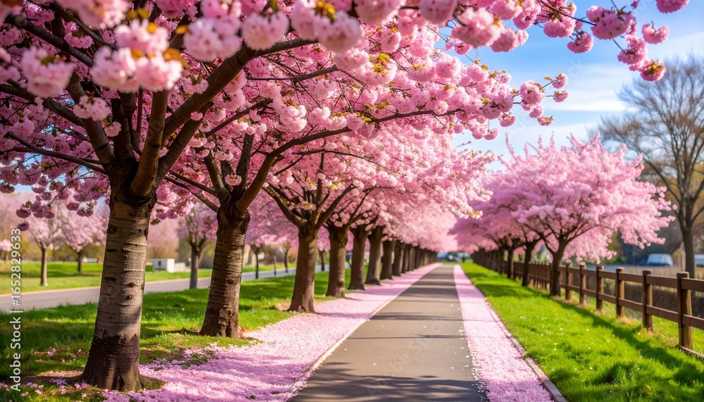 Naklejka premium Cherry blossom trees lining a peaceful path with pink petals covering the ground.