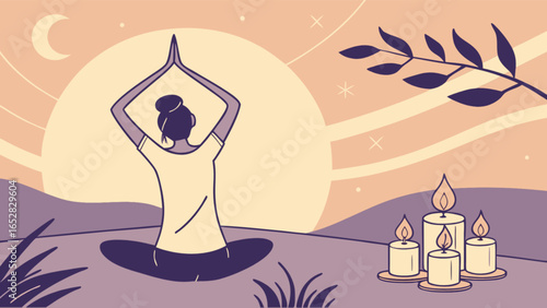 Woman meditation yoga pose with candles at night for relaxation and wellness illustration art