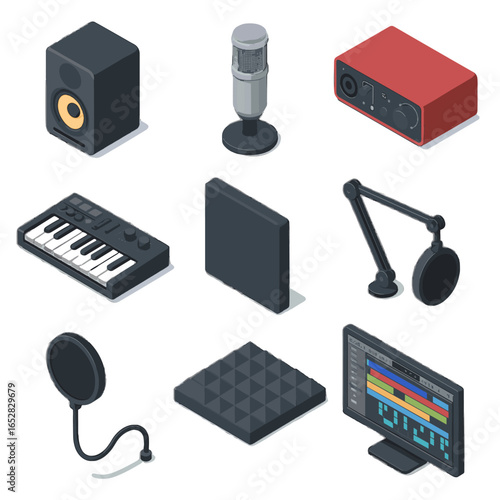 Pop studio music vector boom arm soundproof screen audio midi icon