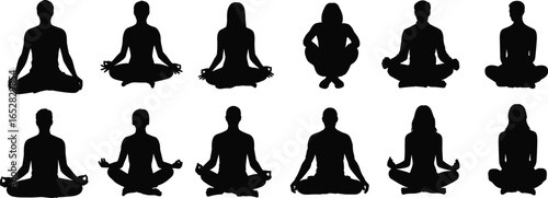Yoga meditation silhouette set, men and women in lotus pose, mindfulness relaxation vector, calm peaceful spiritual practice clipart