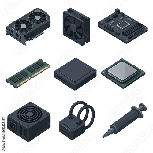 Pc motherboard psu ram stick chip vector gaming components tube icon thermal