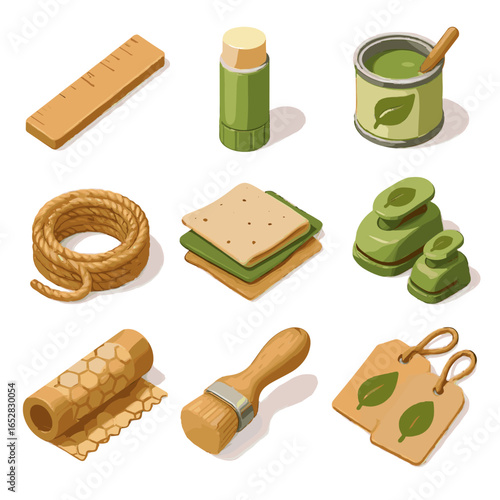 Bristle crafting paint brush ruler organic scraps eco biodegradable icons vector punches
