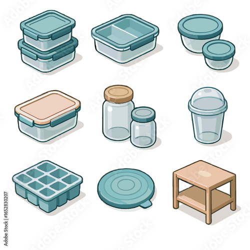 Storage stackable round silicone isometric prep boxes meal glass freezer cups icon