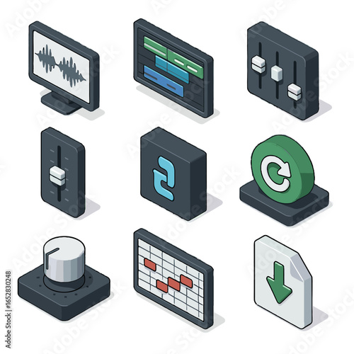 Vector screen icon knob midi file timeline daw isometric waveform loop eq