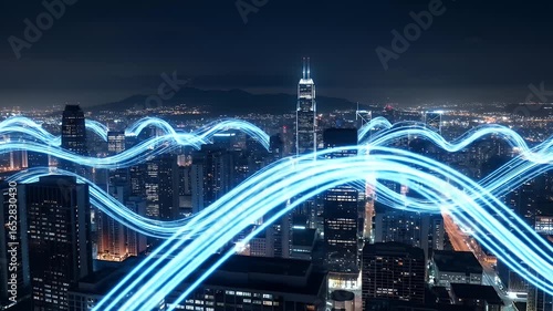 Futuristic cityscape at night with glowing blue light trails representing digital network connections and data flow