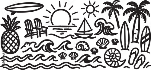 Vector black graphic illustrations of summer items for travel and leisure
