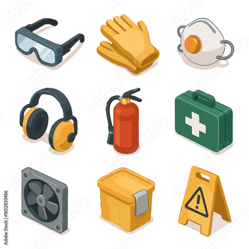 Fire icon ear garage dust aid kit goggles vector spill protectors safety