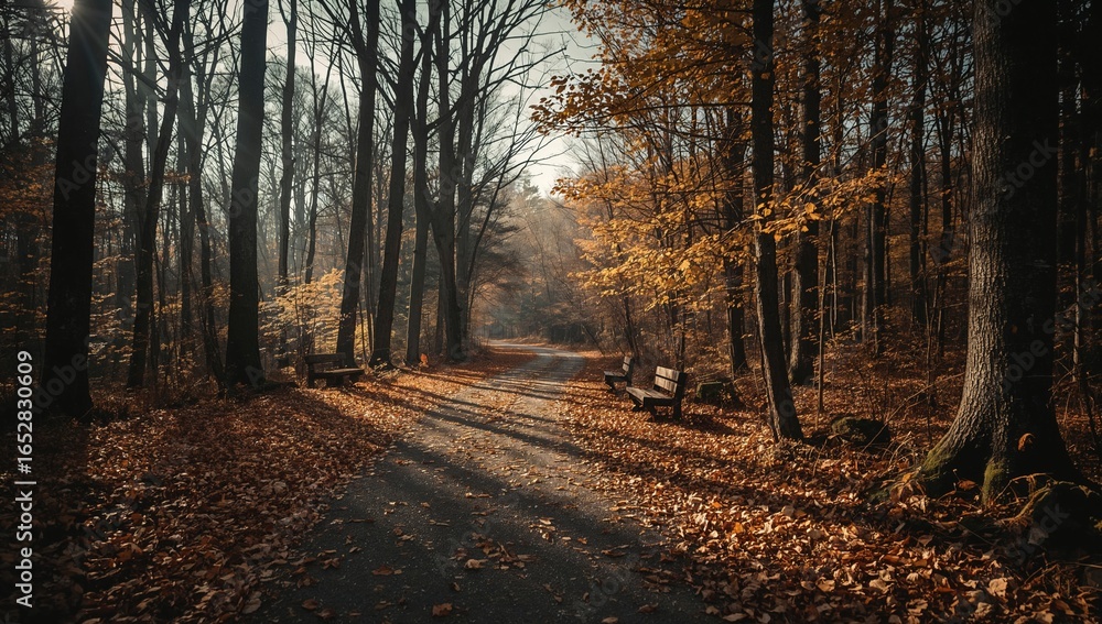 Fototapeta premium Autumnal Path with Benches: Sun-Dappled Forest Scene with Fallen Leaves and Serene Atmosphere