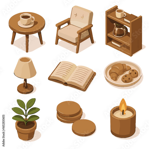 Plant coaster icon snack cushioned cozy lamp icons set chair vector plate