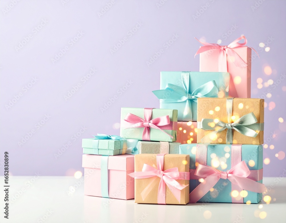 Obraz premium Pastel gift boxes stacked, light bokeh