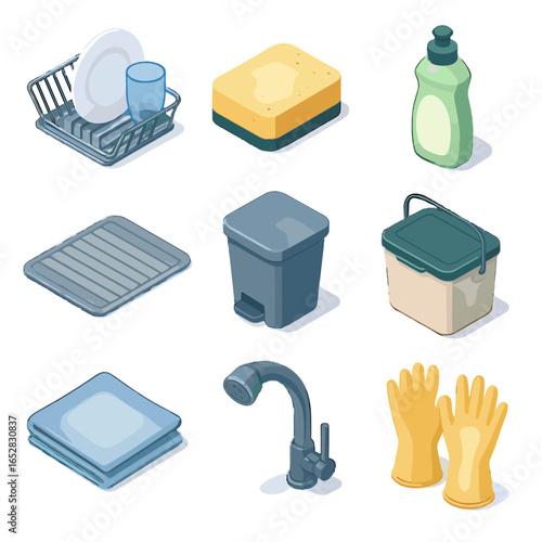 Gloves sprayer sink sponge vector rack dish bin tools icon soap cleaning