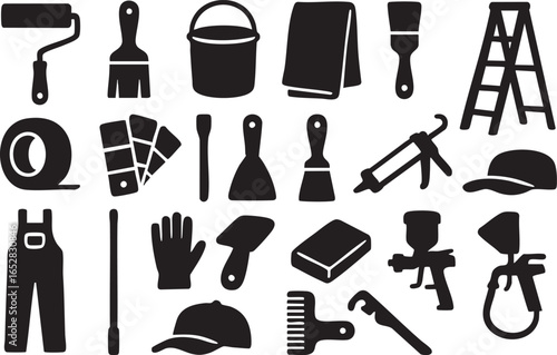 Black silhouette vector icons of painting and home improvement tools