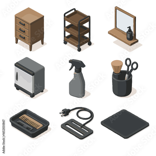 Barber cabinet organizer cleaning shelf brush floor tool warmer icon vector tray