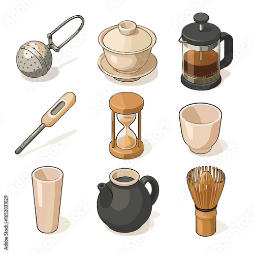 Cup infuser icons stick brewing bamboo ceramic icon tea thermometer vector aroma