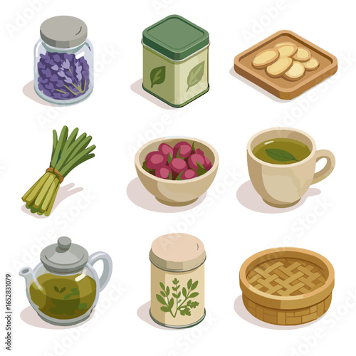 Icons peppermint vector dried canister tin bowl jar tea ginger lemongrass icon