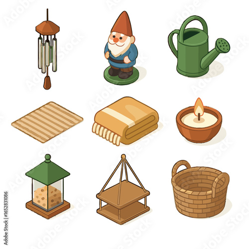 Accessories shelf gnome wind vector garden throw candle icons icon can terrace