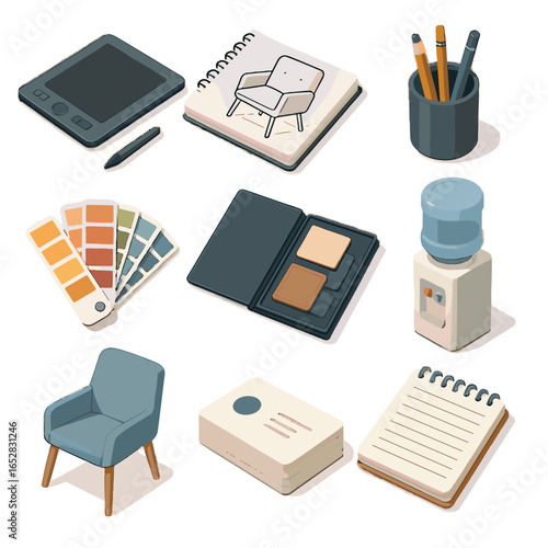 Artist vector chart isometric icons seating design sample dispenser consultation portfolio icon