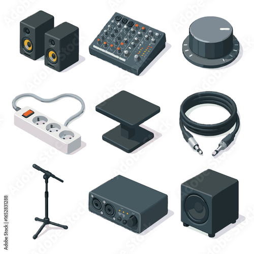 Speaker volume equipment monitor icon mixer audio monitors power strip vector isometric