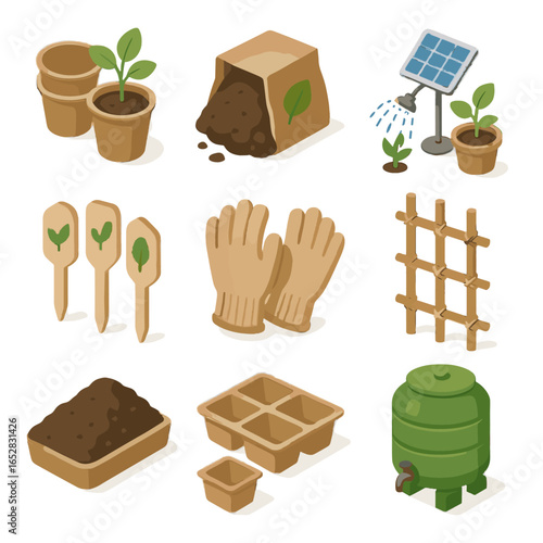 Watering eco trellis icon nursery tags pots biodegradable tank system vector