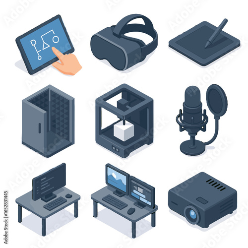Tablet recording icons reality printer icon projector editing interactive tools digital station