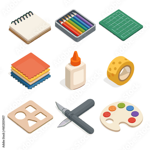Stencil vector materials sample icon fabric mat knife bottle creative icons glue