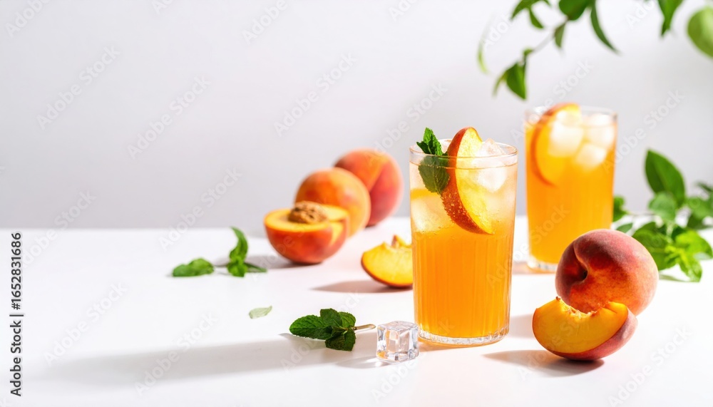 Fototapeta premium Refreshing Peach and Mint Iced Tea Served in a Clear Glass with Fresh Ingredients on a Sunny Day
