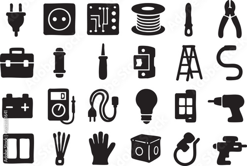 silhouette electrician and handyman tools icons, including power plug, outlet, circuit board, toolbox, drill, pliers, light bulb, battery, and fuse box, arranged in clean grid layout for technical 
