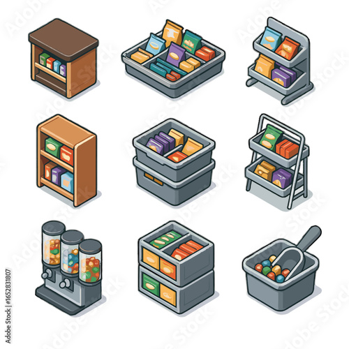 Snack scoop shelf stackable unit icon compartments station icons vector tray stand