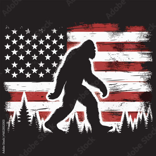 Bigfoot Holding US Flag Patriot Sasquatch Illustration,Patriotic Bigfoot with American Flag Sasquatch Clipart Design,Bigfoot With American flag Vector illustration, Patriot sasquatch Us flag Clipart