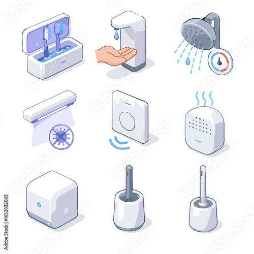 Pod bathroom icons light dispenser icon vector brush antimicrobial smart flush touchless