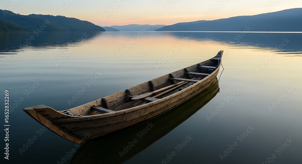 Obraz premium Traditional Wooden Boat on a Calm Mountain Lake at Sunset.