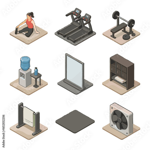 Mirror stretching grid station icon hydration entrance cardio fitness towel fan vector