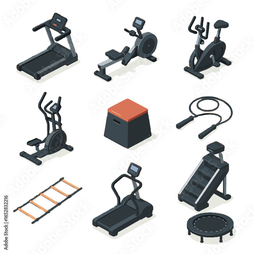 Stationary mini trampoline agility icon machine cardio vector icons isometric treadmill rope