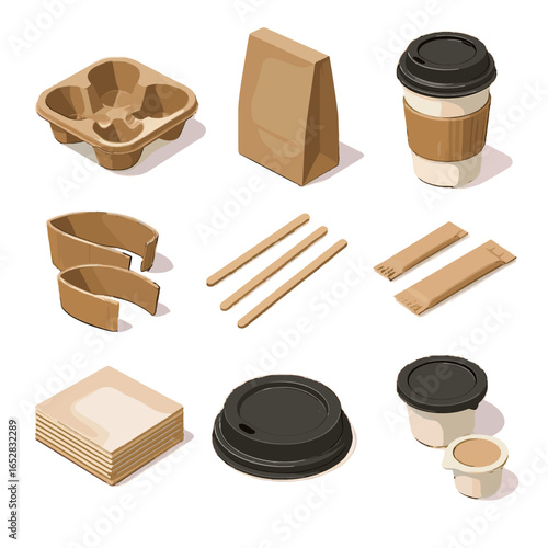 Takeaway icons sealed lid tray coffee napkin vector paper stir bag sugar