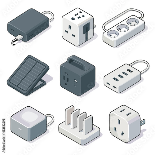 Isometric universal power backup usb vector bank station outlet extension icons icon