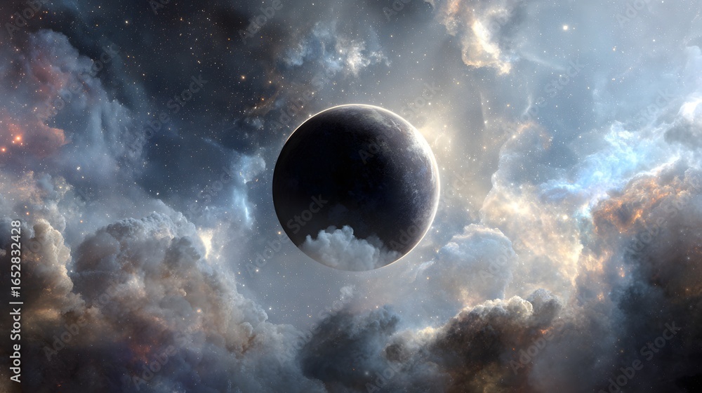 Obraz premium A celestial expanse showcases a dark planet enveloped by ethereal clouds and glittering stars.