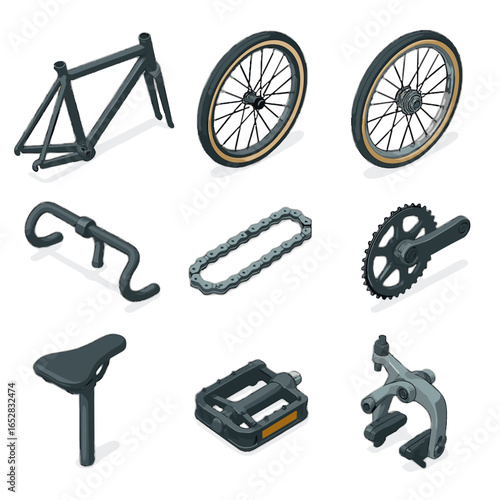 Bike seat assembly crankset icon pedals wheel frame essentials vector front post