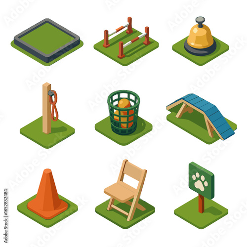Grass obstacle path training pet chair bridge vector icon basket cone post